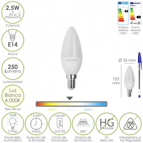 Bombilla Led Vela E14. 2,5 Watt. Equivale A 20 Watt. 250 Lumenes. Luz Neutra 4.000º K.