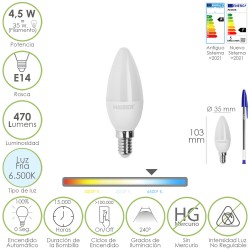 Bombilla Led Vela Rosca E14. 4,5 Watt. Equivale A 35 Watt. 470 Lumenes. Luz Fira (6500º K.)