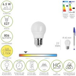 Bombilla Led Esfera Rosca E27. 6.5 Watt. Equivale A 50 Watt. 806 Lumenes. Luz Calida 3000º K.