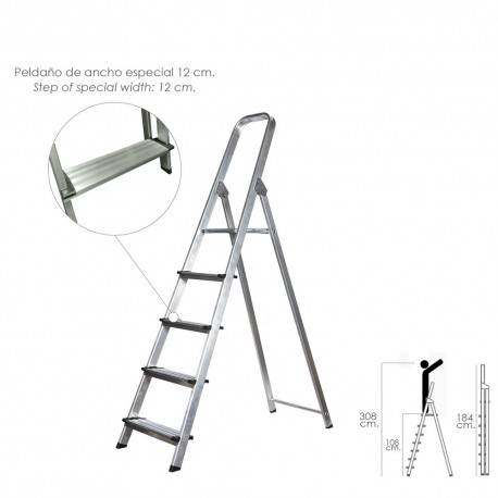 Escalera Doméstica Aluminio Profesional 5 Peldaños 12 cm Grosor.