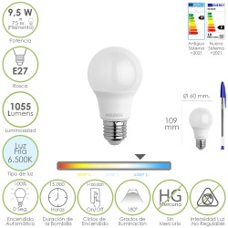 Bombilla Led Estandar Rosca E27. 9.5 Watt. Equivale A 75 Watt. 1055 Lumenes. Luz Fría (6500º K.)